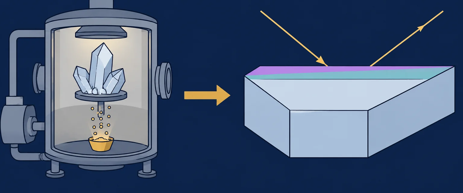 A coating on quartz. Surface deposition: The coating forms on the quartz surface. Thin outer film: The enlarged section separates the surface film from the quartz beneath.