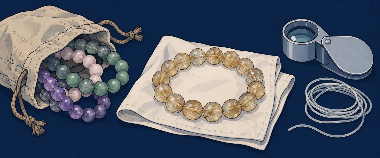 An inherited collection deserves an individual look. Sort and examine: Separate the bracelets and check their cords and beads before deciding how to preserve them. The illustration does not establish a value.