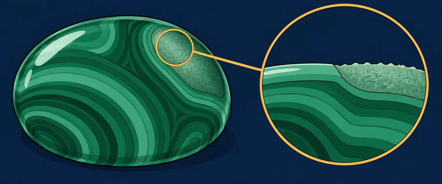 Malachite: surface care. A polished surface: The banding remains visible beneath the smooth finish. A changed surface patch: Contact with an unsuitable cleaning product can affect the finish; the inset enlarges the local change.